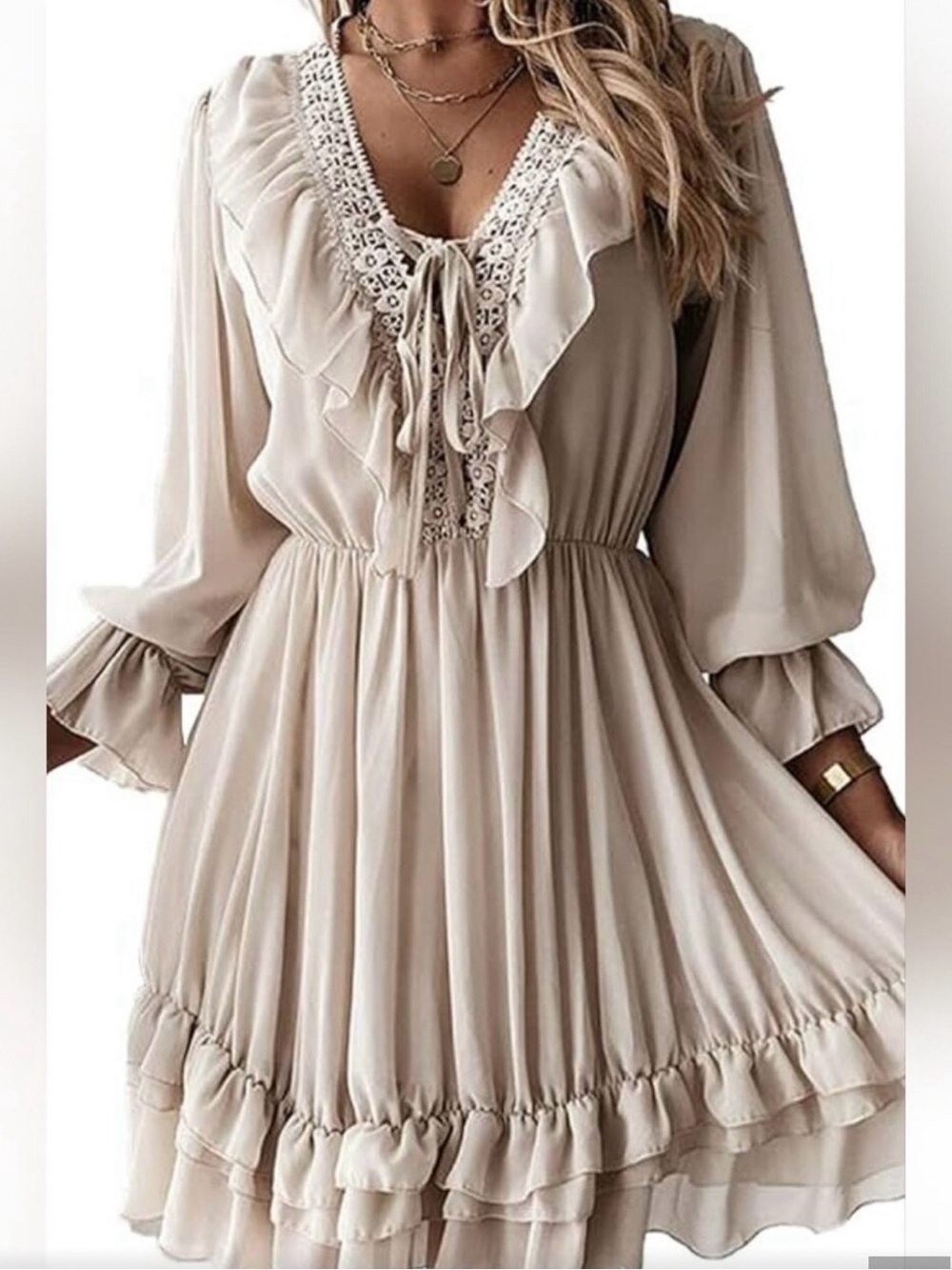 Ladies Ruffle V-Neck Cream Dress with Lace Trim